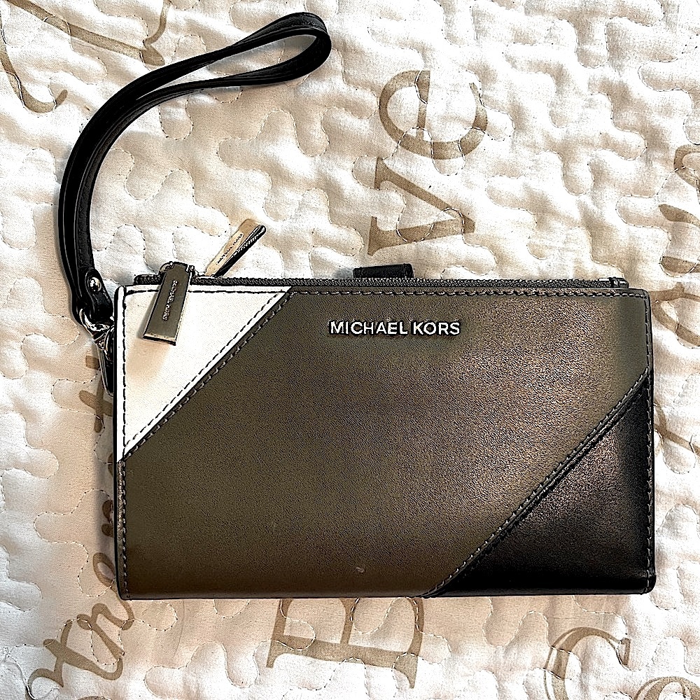 Michael Kors Double Zip Leather Wallet Olive, Black,and White Colorblock Wallet